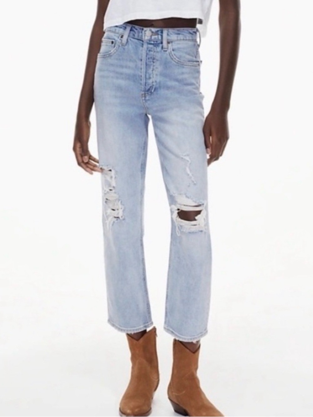 Denim Forum Aritzia Distressed Button Fly Arlo High Rise Straight Jeans 24